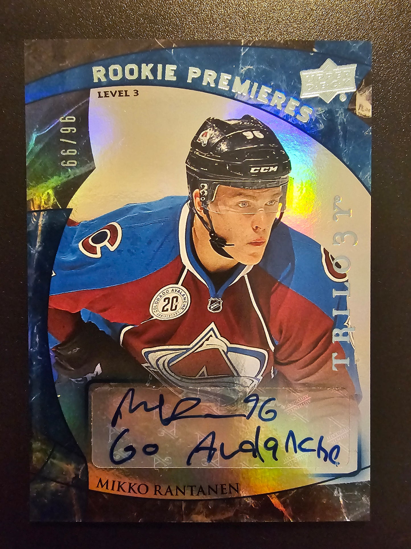2015-16 Upper Deck Trilogy - Blue Rainbow Foil Level 3 - Rookie Premieres Autograph - Mikko Rantanen #198 /96 RY