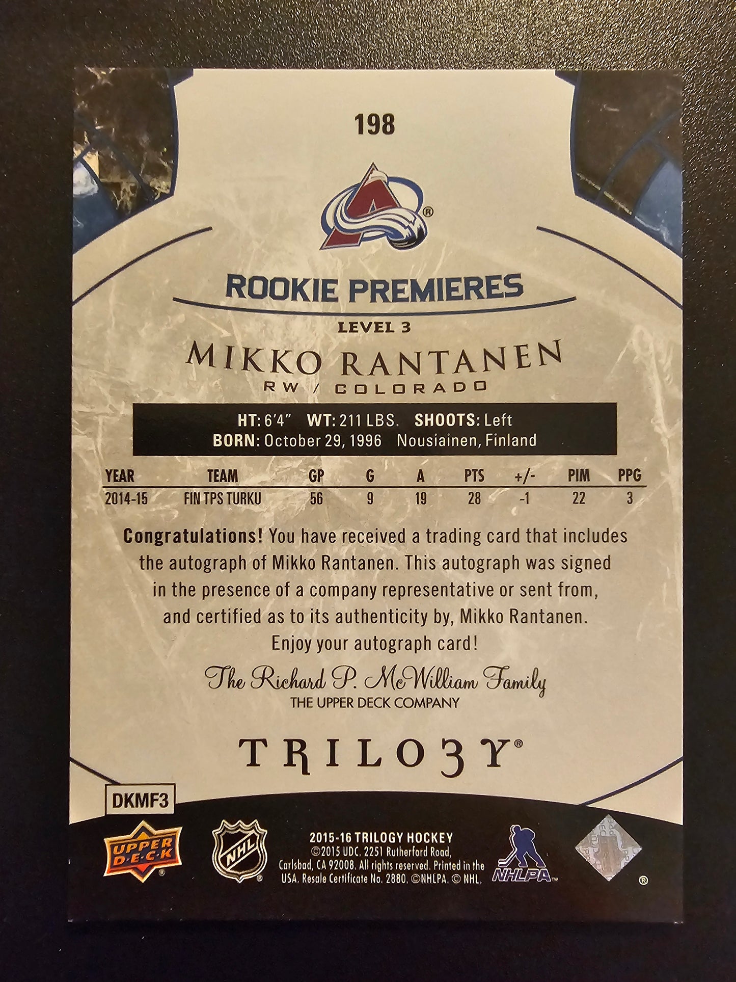 2015-16 Upper Deck Trilogy - Blue Rainbow Foil Level 3 - Rookie Premieres Autograph - Mikko Rantanen #198 /96 RY