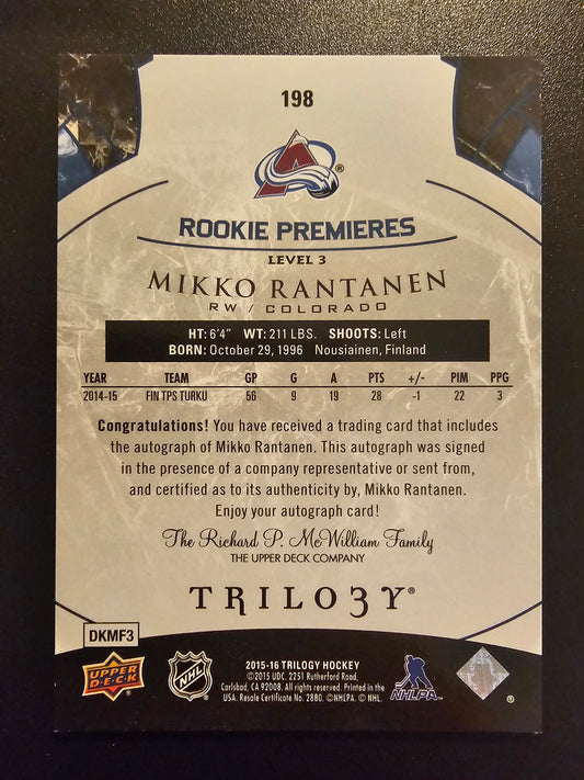 2015-16 Upper Deck Trilogy - Blue Rainbow Foil Level 3 - Rookie Premieres Autograph - Mikko Rantanen #198 /96 RY