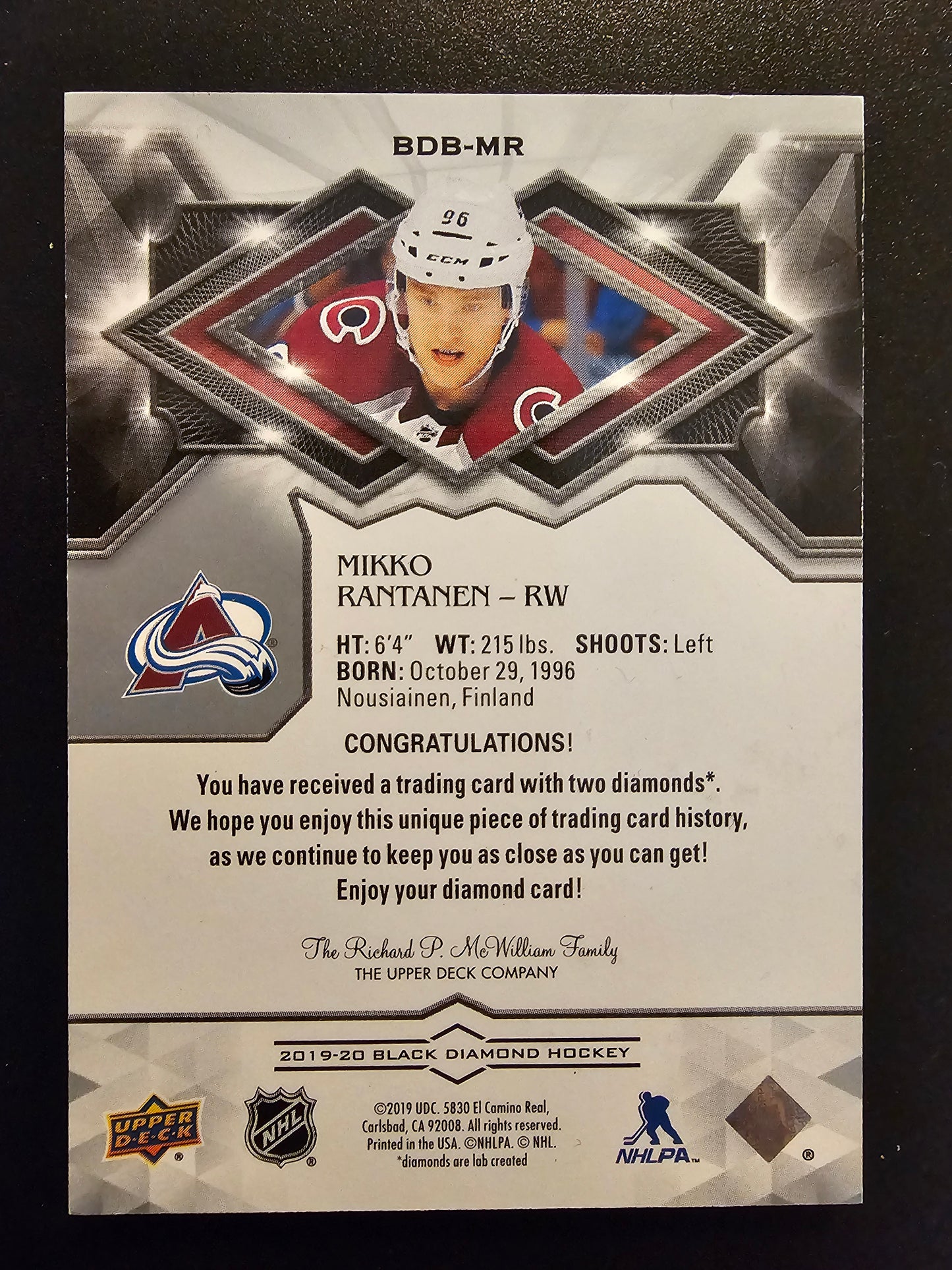 2019-20 Upper Deck Black Diamond - Diamond Relics - Mikko Rantanen #BDB-MR /5