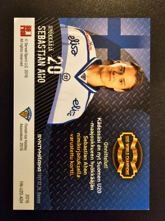 2016 Sereal Team Finland U20 World Champions Autograph - Sebastian Aho #FIN-U20-A04 /25