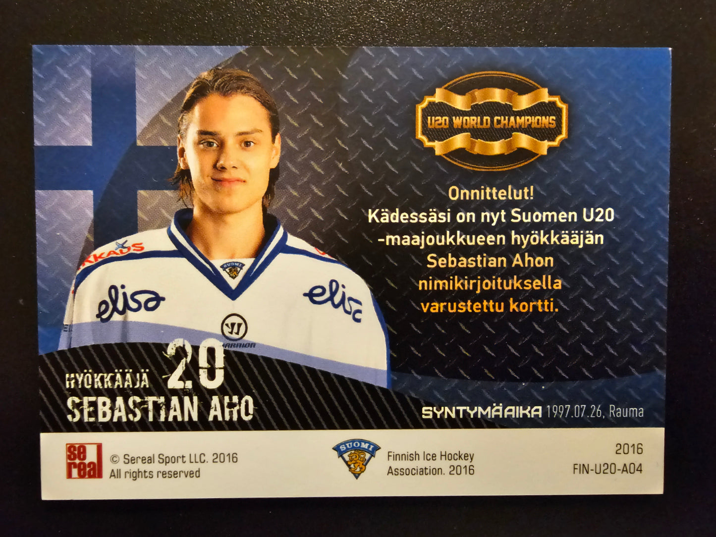 2016 Cereal Team Finland U20 World Champions Autograph - Sebastian Aho #FIN-U20-A04 /25