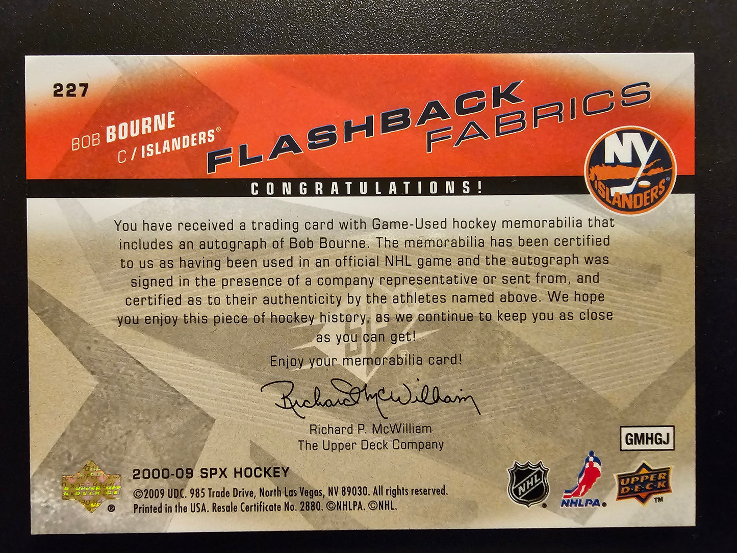 2008-09 Upper Deck SPx Flashback Fabrics Autographs - Bob Bourne #227 /25
