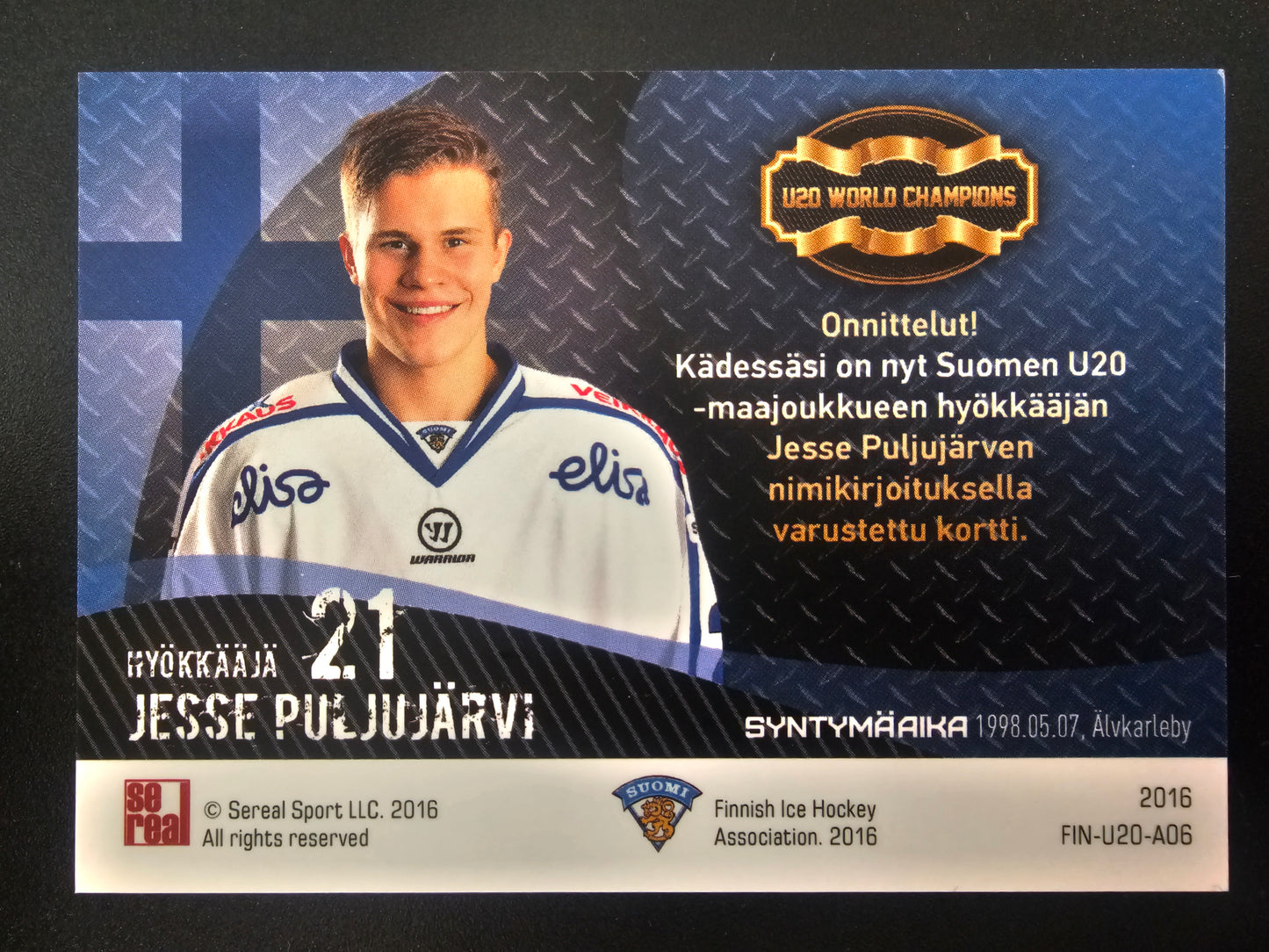 2016 Sereal Team Finland U20 World Champions Autograph - Jesse Puljujarvi #FIN-U20-A06 /50
