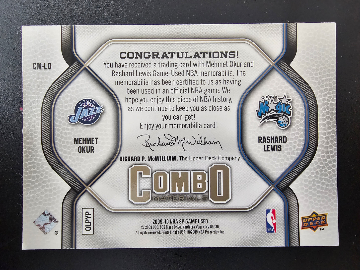 2009-10 Upper Deck SP Game Used - Combo Materials - Level 1 - Mehmet Okur / Rashard Lewis #CM-LO /155