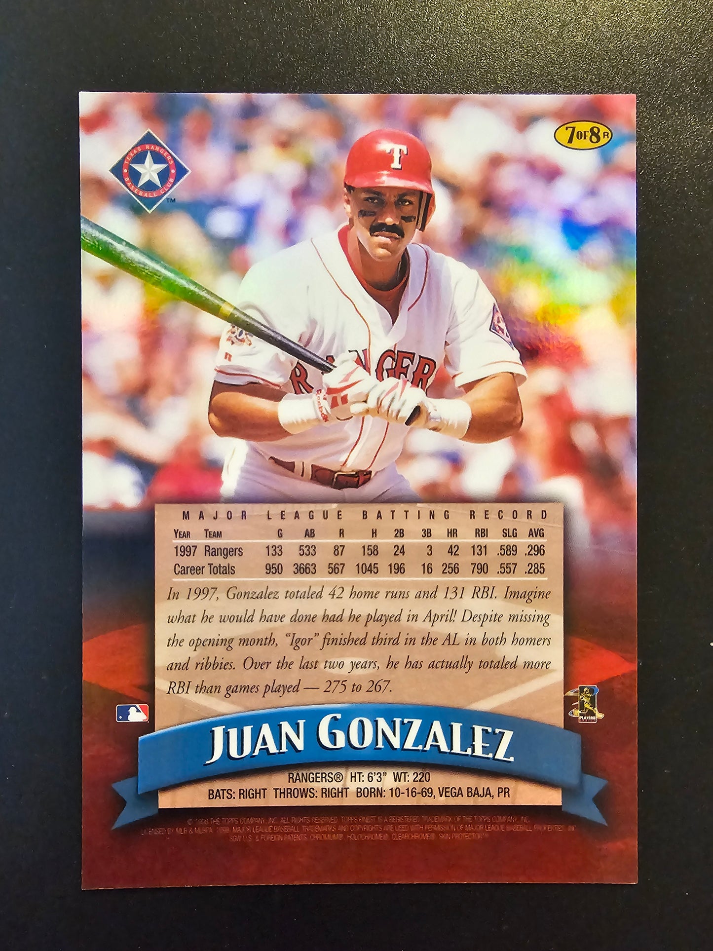 1998 Topps Finest - Jumbo - Refractor - Juan Gonzalez #7R