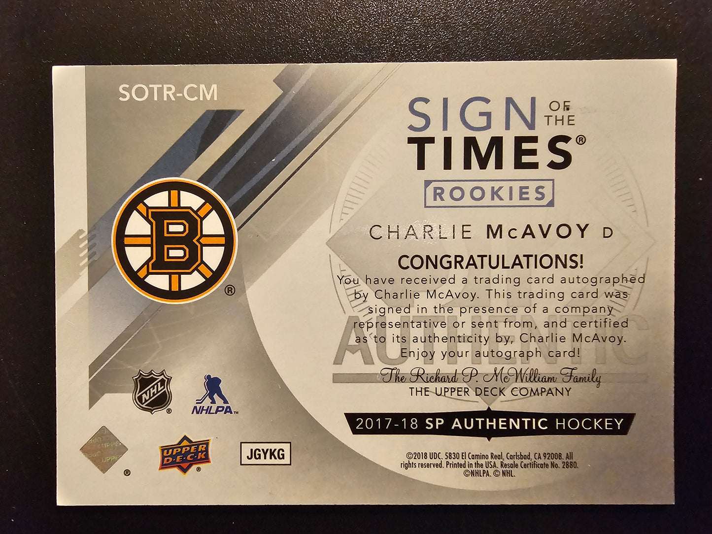 2017-18 Upper Deck SP Authentic - Sign of the Times Rookie Inscribed Autographs - Charlie McAvoy #SOTR-CM /99 RY