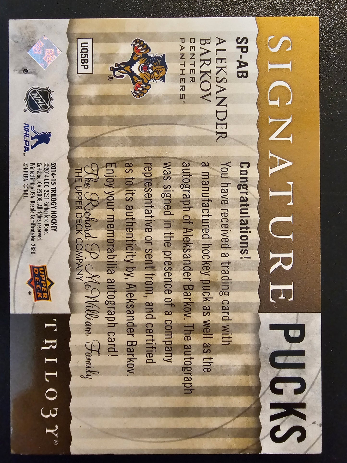 2014-15 Upper Deck Trilogy - Signature Pucks - Shield Logo - Aleksander Barkov #SP-AB /3