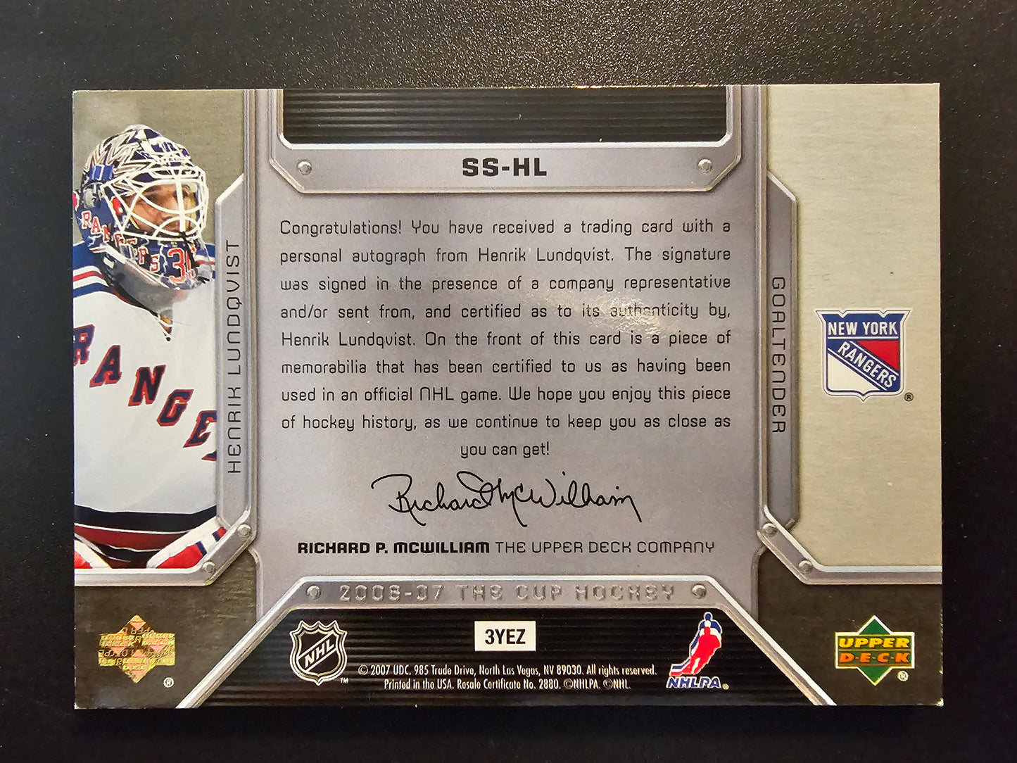 2006-07 Upper Deck The Cup - Scripted Swatches - Henrik Lundqvist #SS-HL /25