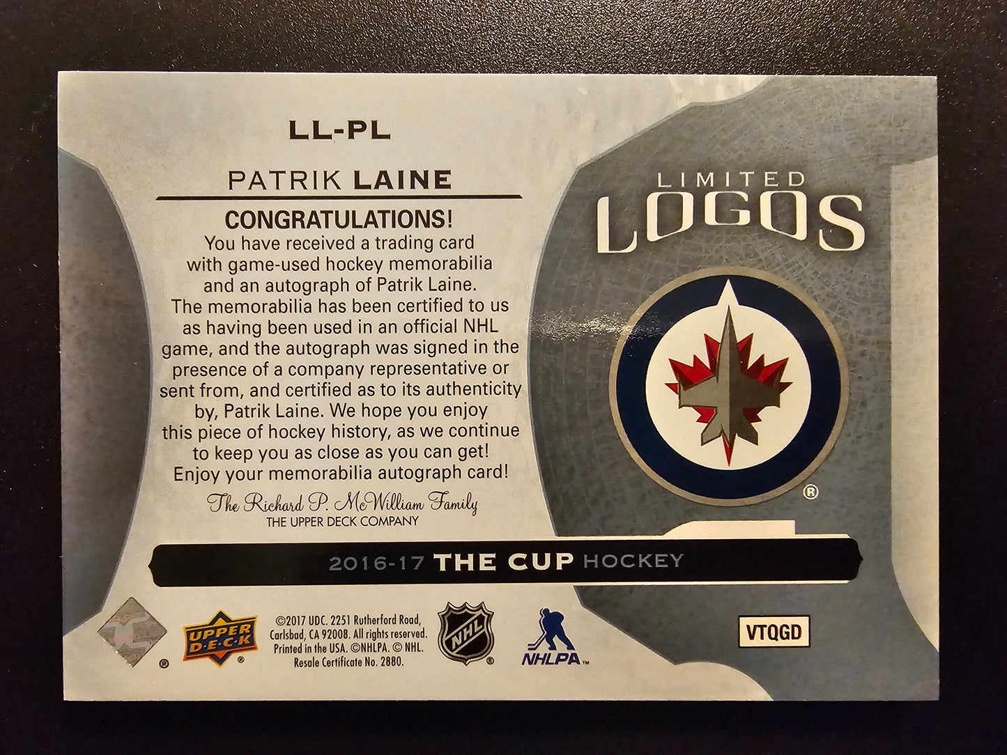 2016-17 Upper Deck The Cup - Limited Logos - Patrik Laine #LL-PL /50 RY