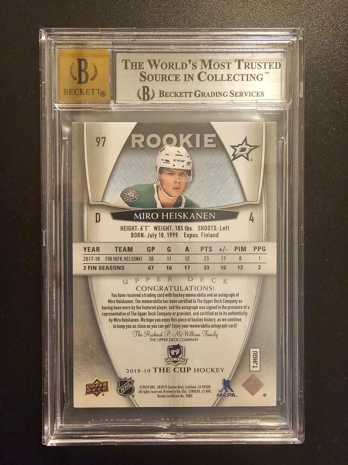 2018-19 Upper Deck The Cup - Rookie Patch Autograph - Miro Heiskanen #97 /249 BGS 8.5 Auto 10 RC
