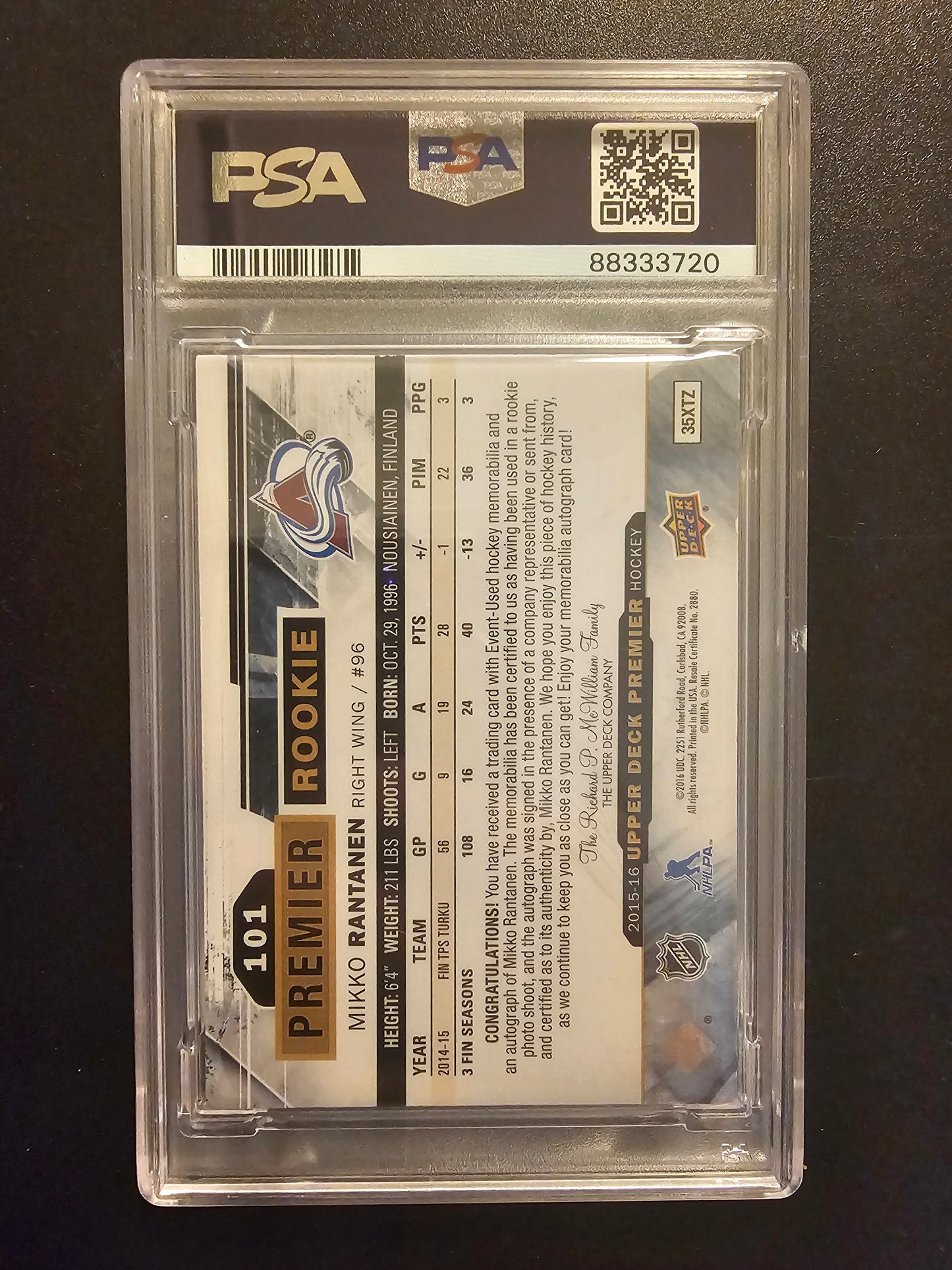 2015-16 Upper Deck Premier - RPA Mikko Rantanen #101 /375 PSA 9 Auto 8 RC