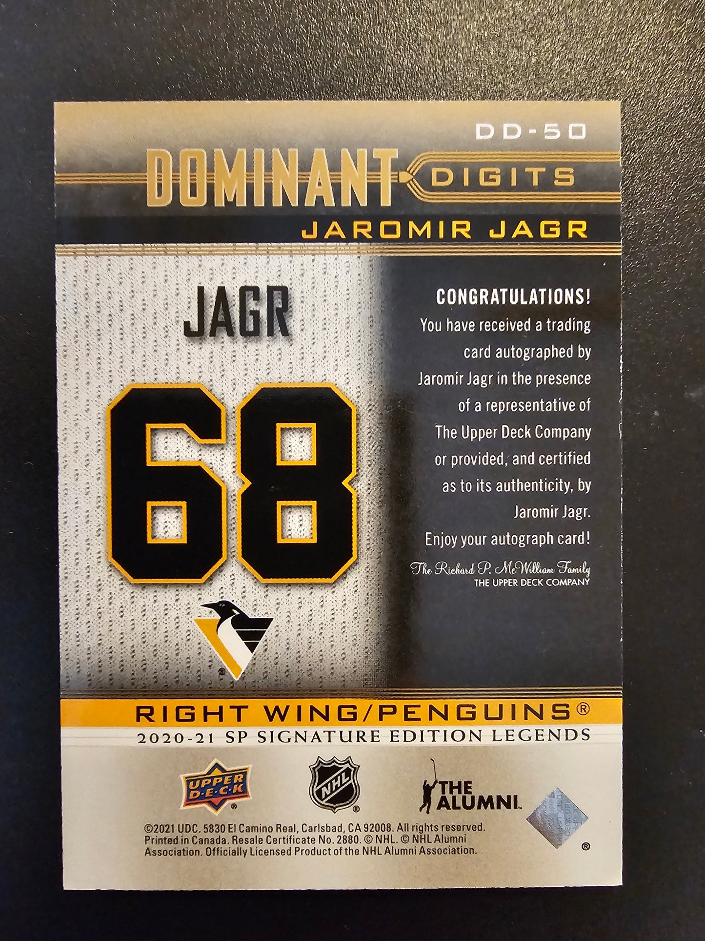 2020-21 Upper Deck SP Signature Edition Legends - Dominant Digits - Gold Foil Autographs - Jaromir Jagr #DD-50