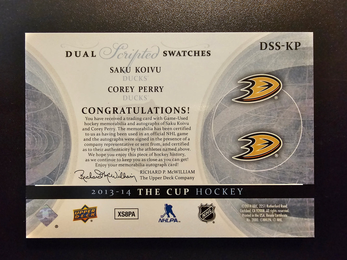2013-14 Upper Deck The Cup - Dual Scripted Swatches - Saku Koivu / Corey Perry #DSS-KP /15