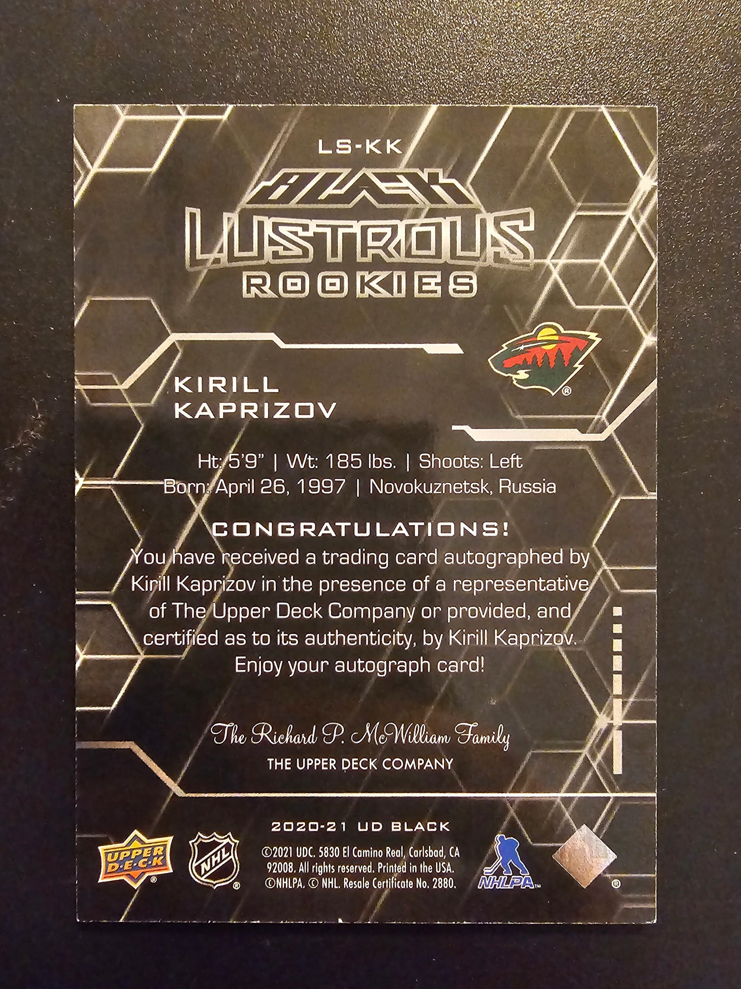 2020-21 Upper Deck SPx - UD Black Lustrous Rookie Signatures - Tier 2 - Kirill Kaprizov #LS-KK 97/199 RY Jersey numbered!