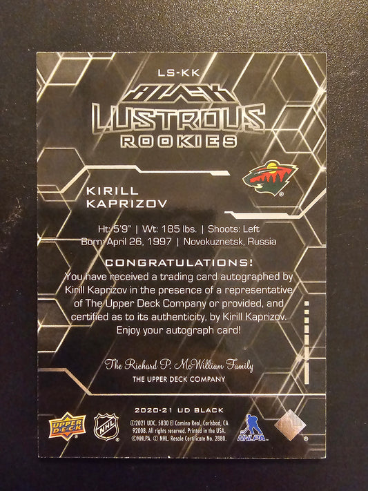 2020-21 Upper Deck SPx - UD Black Lustrous Rookie Signatures - Tier 2 - Kirill Kaprizov #LS-KK 97/199 RY Numeroitu pelinumerolla
