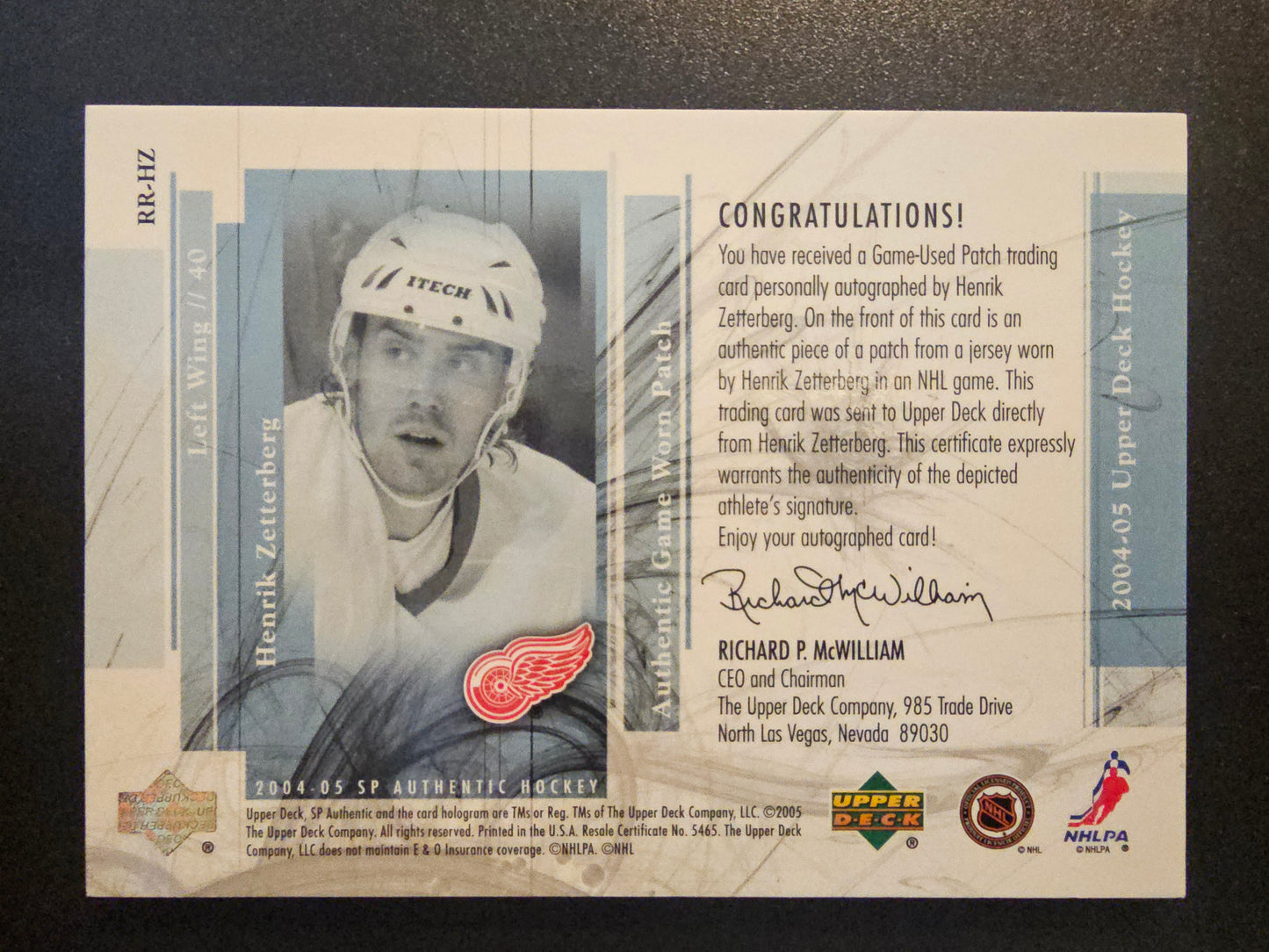 2004-05 Upper Deck SP Authentic - Rookie Review Autograph Patch - Henrik Zetterberg #RR-HZ /100