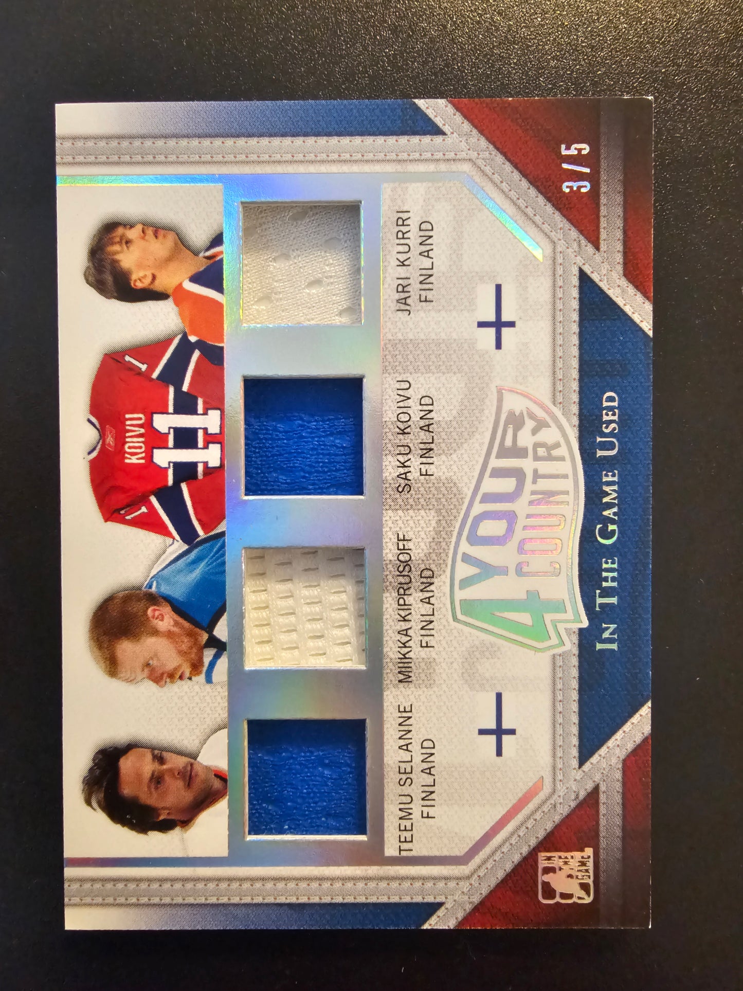 2014-15 In the Game Used - 4 Your Country - Prismatic Silver - Teemu Selanne / Miikka Kiprusoff / Saku Koivu / Jari Kurri #4YC-05 /5