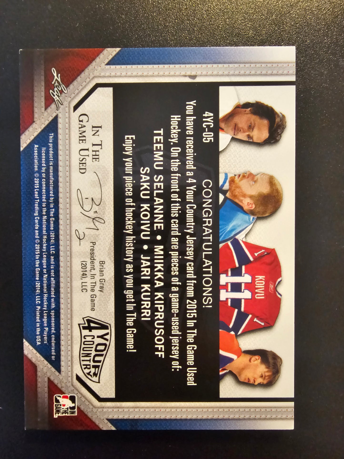 2014-15 In the Game Used - 4 Your Country - Prismatic Silver - Teemu Selanne / Miikka Kiprusoff / Saku Koivu / Jari Kurri #4YC-05 /5