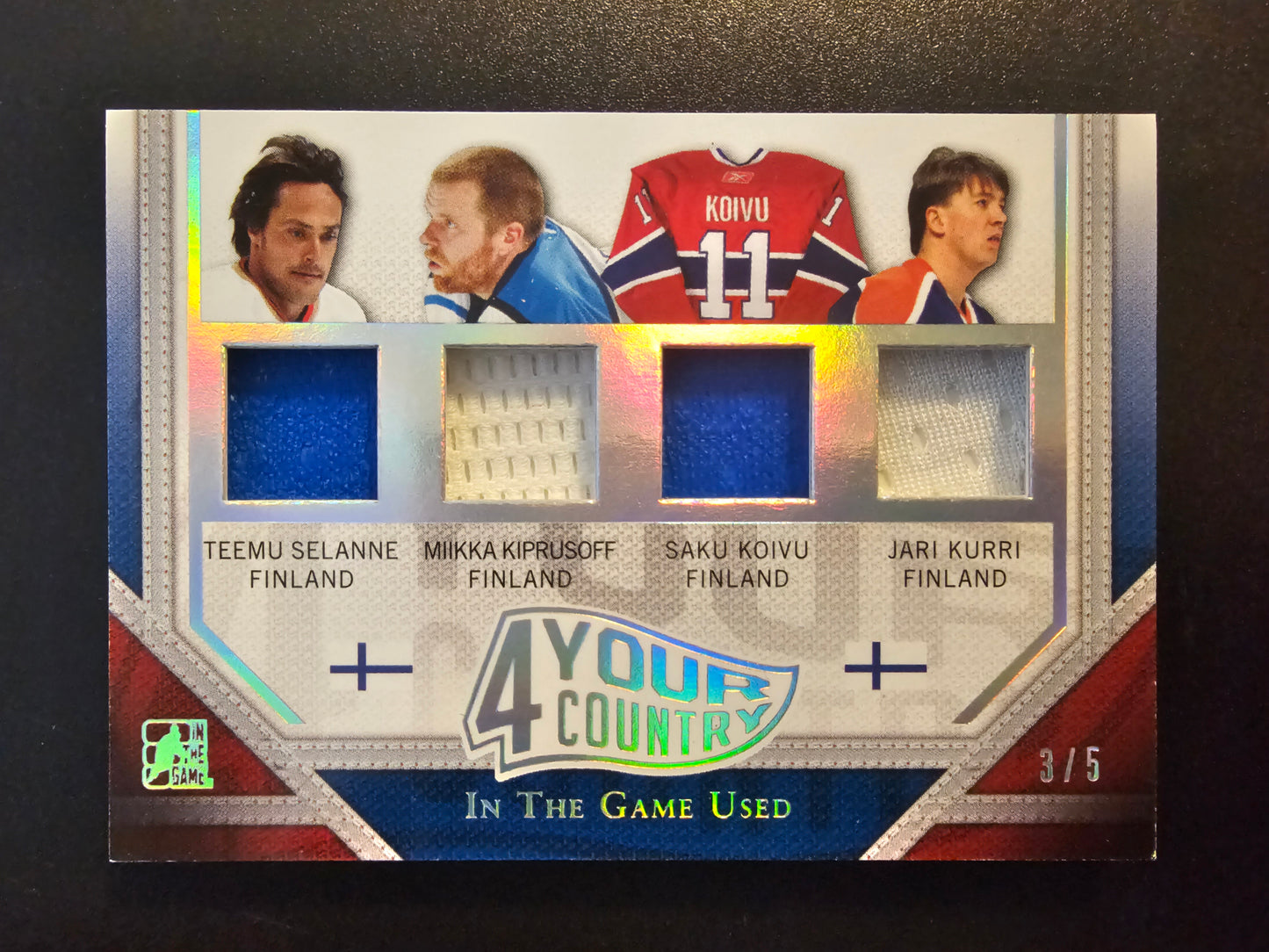 2014-15 In the Game Used - 4 Your Country - Prismatic Silver - Teemu Selanne / Miikka Kiprusoff / Saku Koivu / Jari Kurri #4YC-05 /5