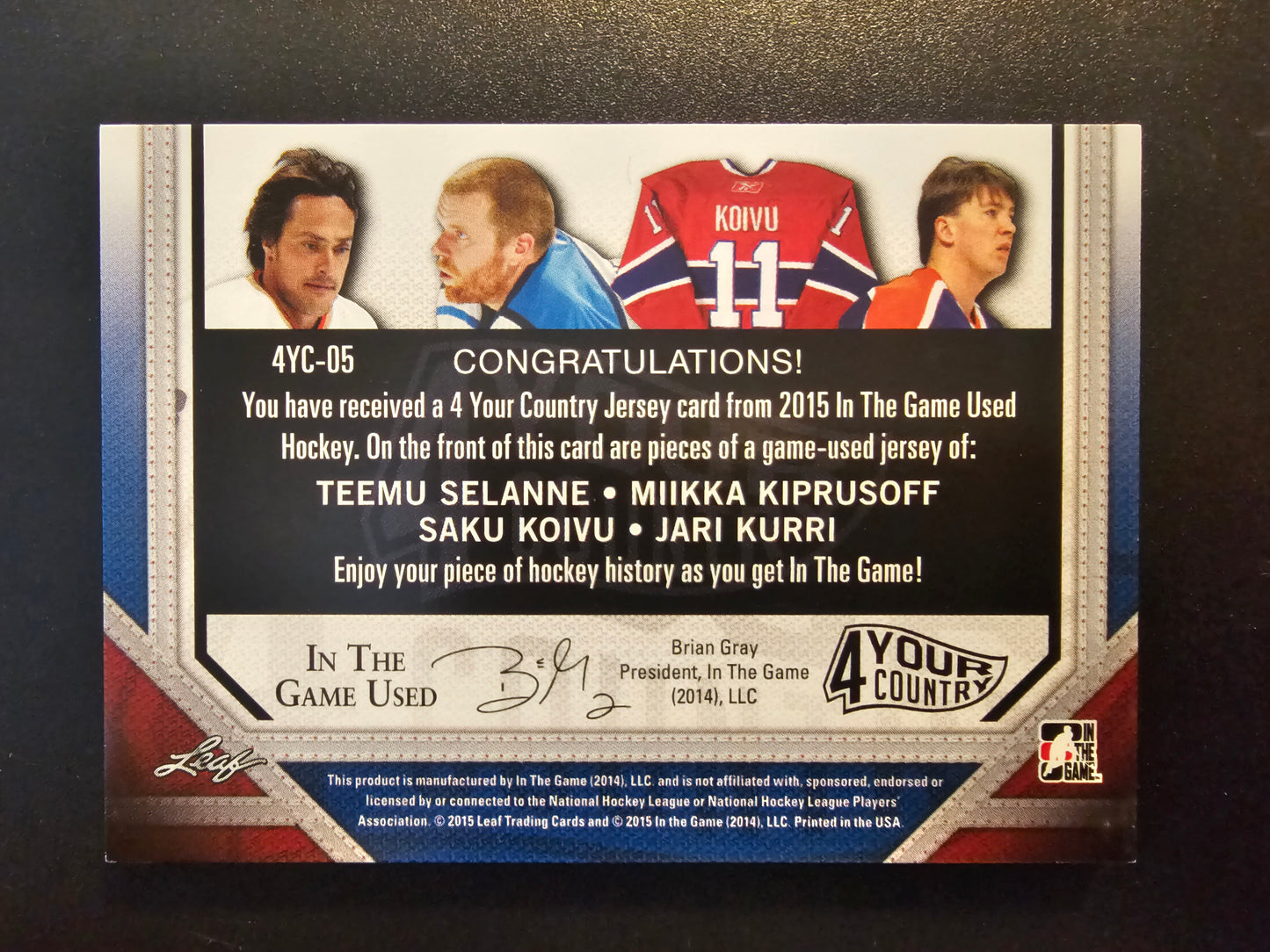 2014-15 In the Game Used - 4 Your Country - Prismatic Silver - Teemu Selanne / Miikka Kiprusoff / Saku Koivu / Jari Kurri #4YC-05 /5