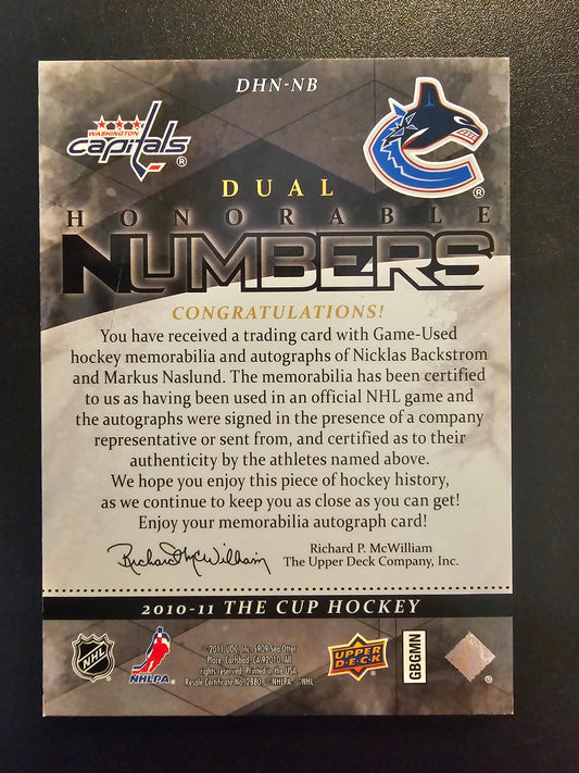 2010-11 Upper Deck The Cup - Honorable Numbers Patch Dual Autographs - Nicklas Backstrom / Markus Naslund #DHN-NB /19