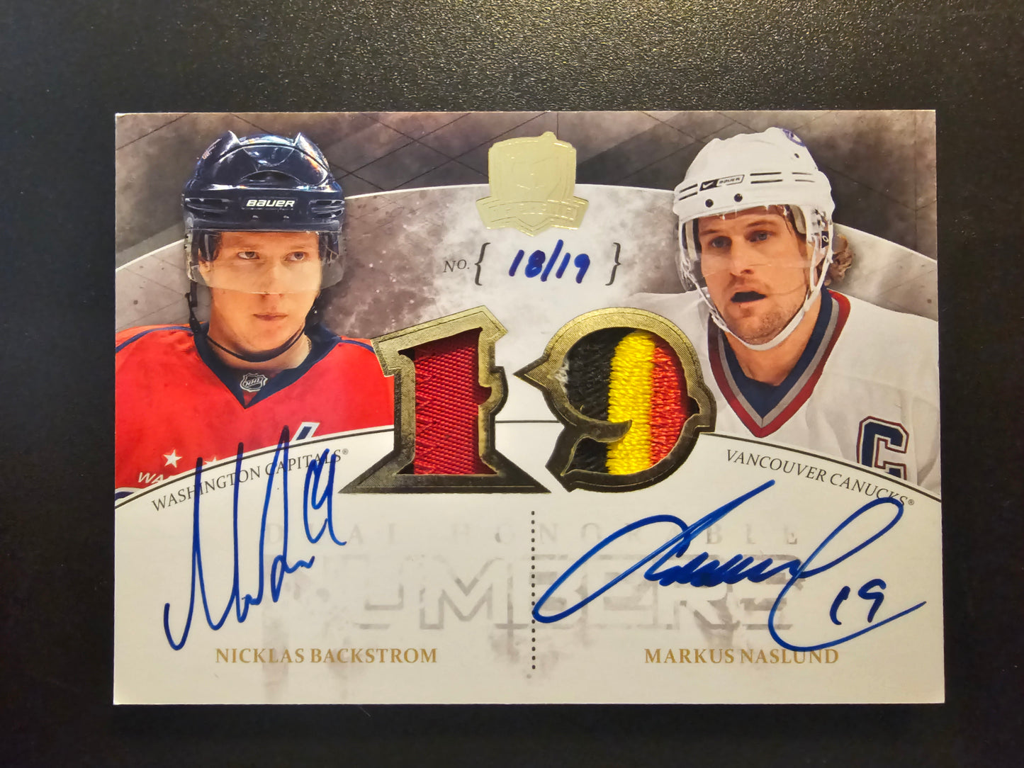 2010-11 Upper Deck The Cup - Honorable Numbers Patch Dual Autographs - Nicklas Backstrom / Markus Naslund #DHN-NB /19