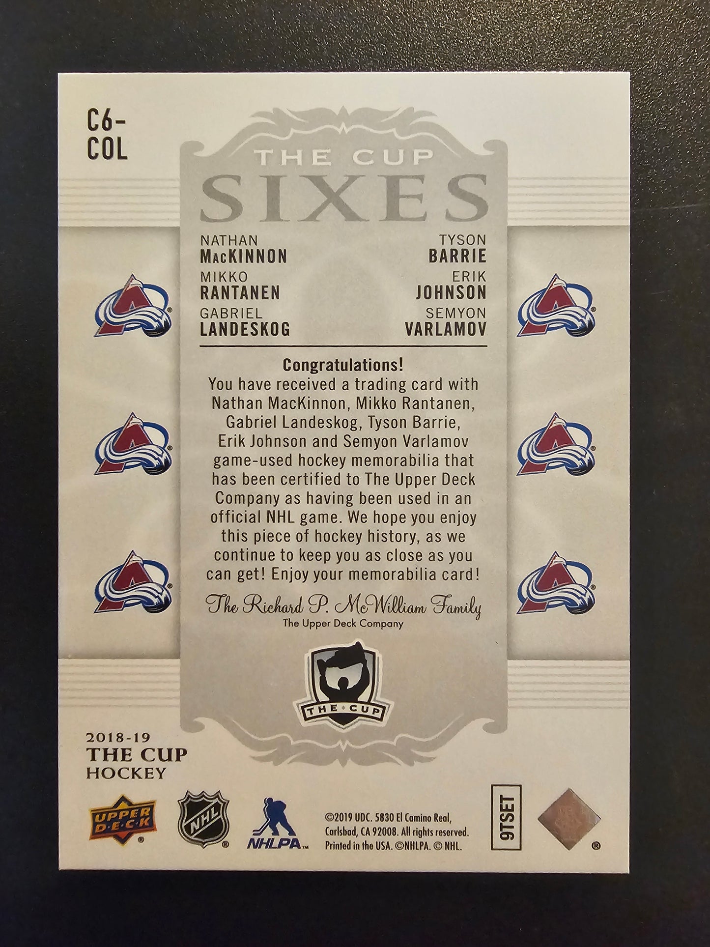 2018-19 Upper Deck The Cup - Cup Sixes Jerseys - Gold Patch - Nathan MacKinnon / Mikko Rantanen / Gabriel Landeskog / Tyson Barrie / Erik Johnson / Semyon Varlamov #C6-COL /3