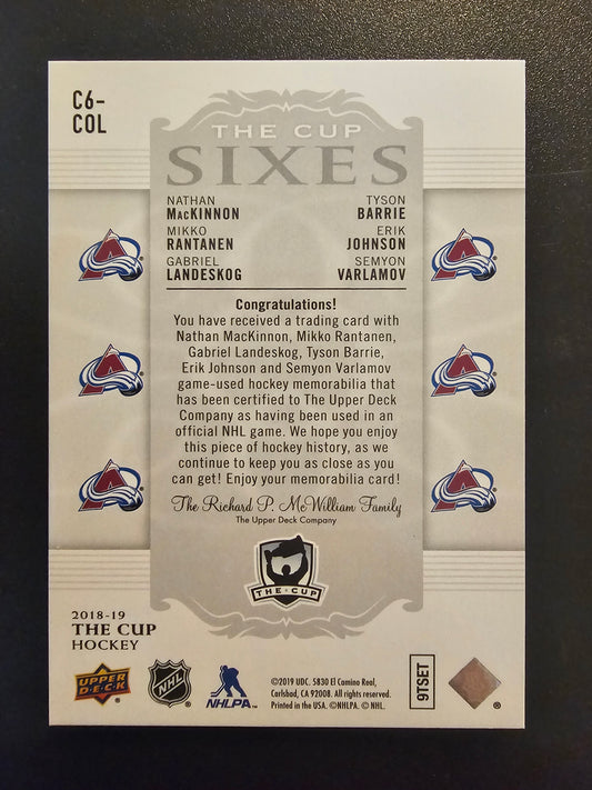 2018-19 Upper Deck The Cup - Cup Sixes Jerseys - Gold Patch - Nathan MacKinnon / Mikko Rantanen / Gabriel Landeskog / Tyson Barrie / Erik Johnson / Semyon Varlamov #C6-COL /3