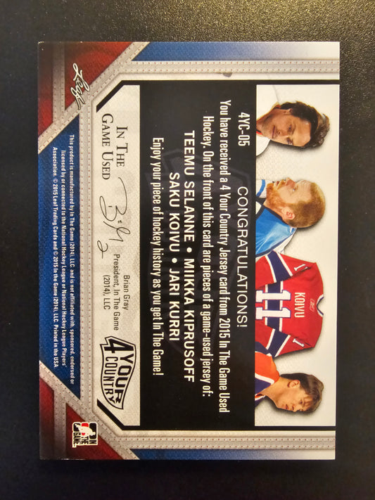 2014-15 In the Game Used - 4 Your Country - Gold - Teemu Selanne / Miikka Kiprusoff / Saku Koivu / Jari Kurri #4YC-05 /20