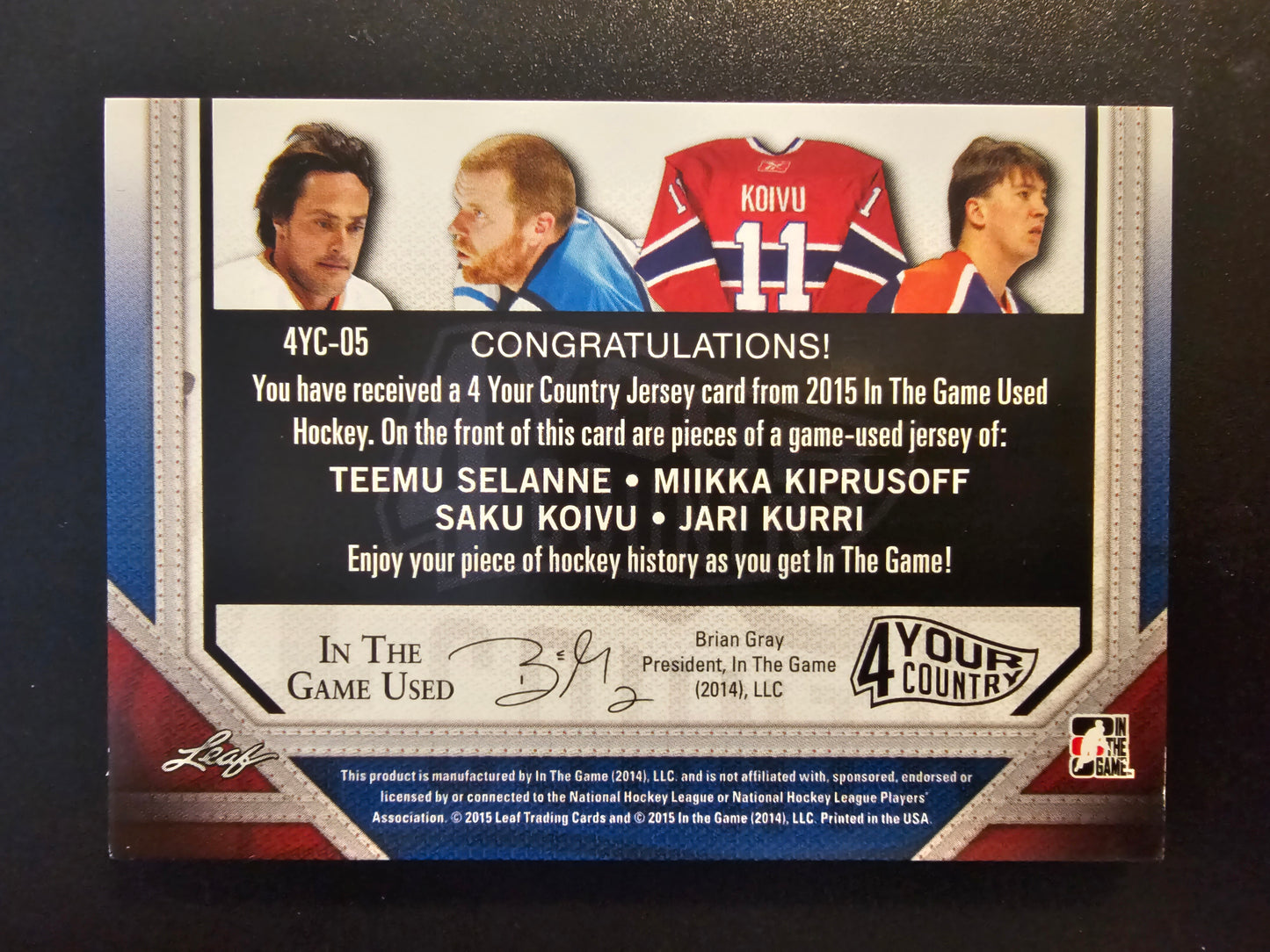 2014-15 In the Game Used - 4 Your Country - Gold - Teemu Selanne / Miikka Kiprusoff / Saku Koivu / Jari Kurri #4YC-05 /20