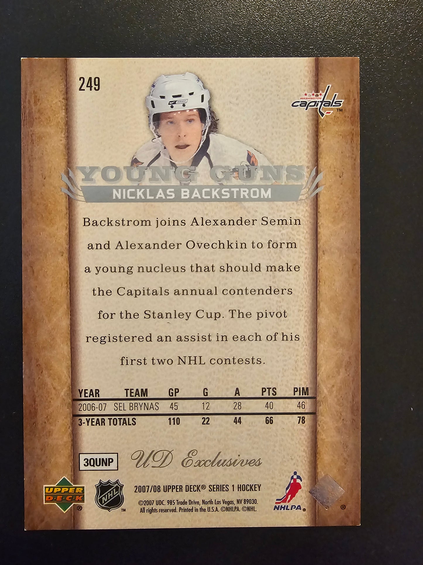 2007-08 Upper Deck - UD Exclusives - Young Guns - Nicklas Backstrom #249 /100 RC