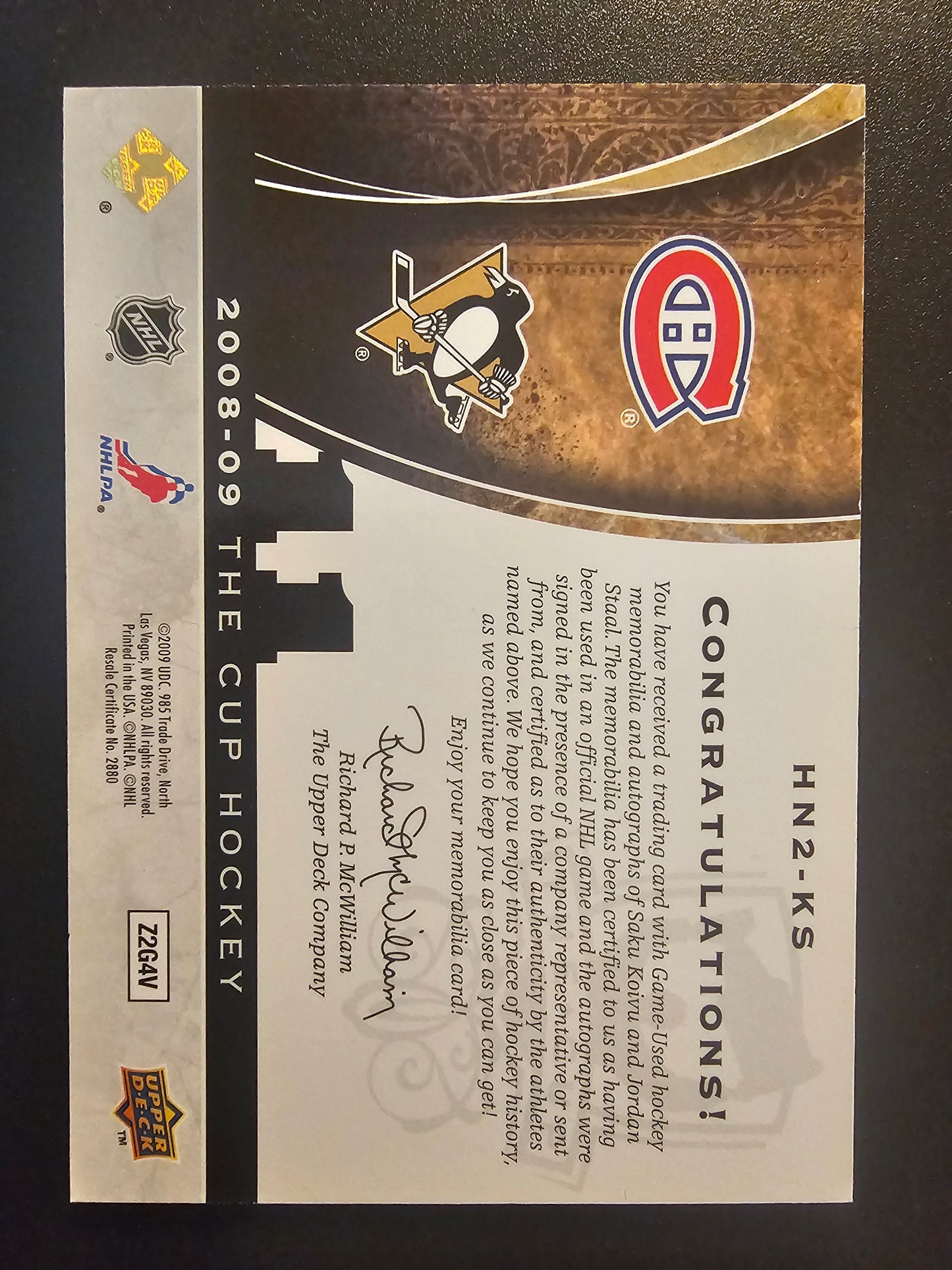 2008-09 Upper Deck The Cup - Dual Honorable Numbers Patch Autographs - Saku Koivu / Jordan Staal #HN2-KS /11