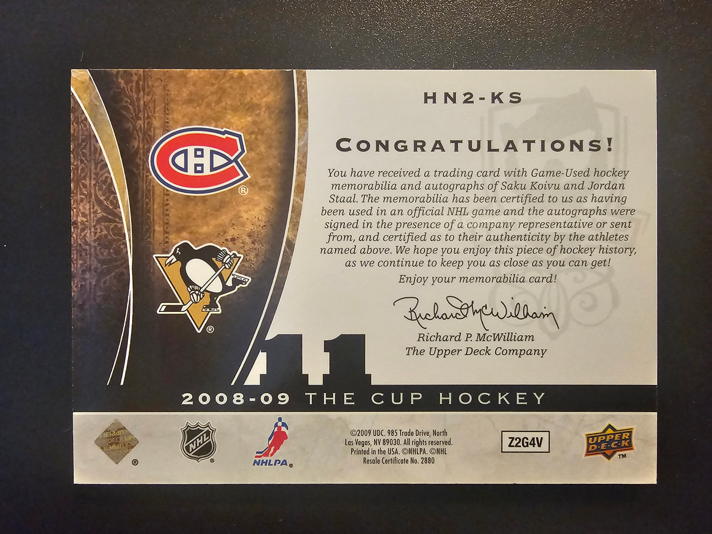 2008-09 Upper Deck The Cup - Dual Honorable Numbers Patch Autographs - Saku Koivu / Jordan Staal #HN2-KS /11