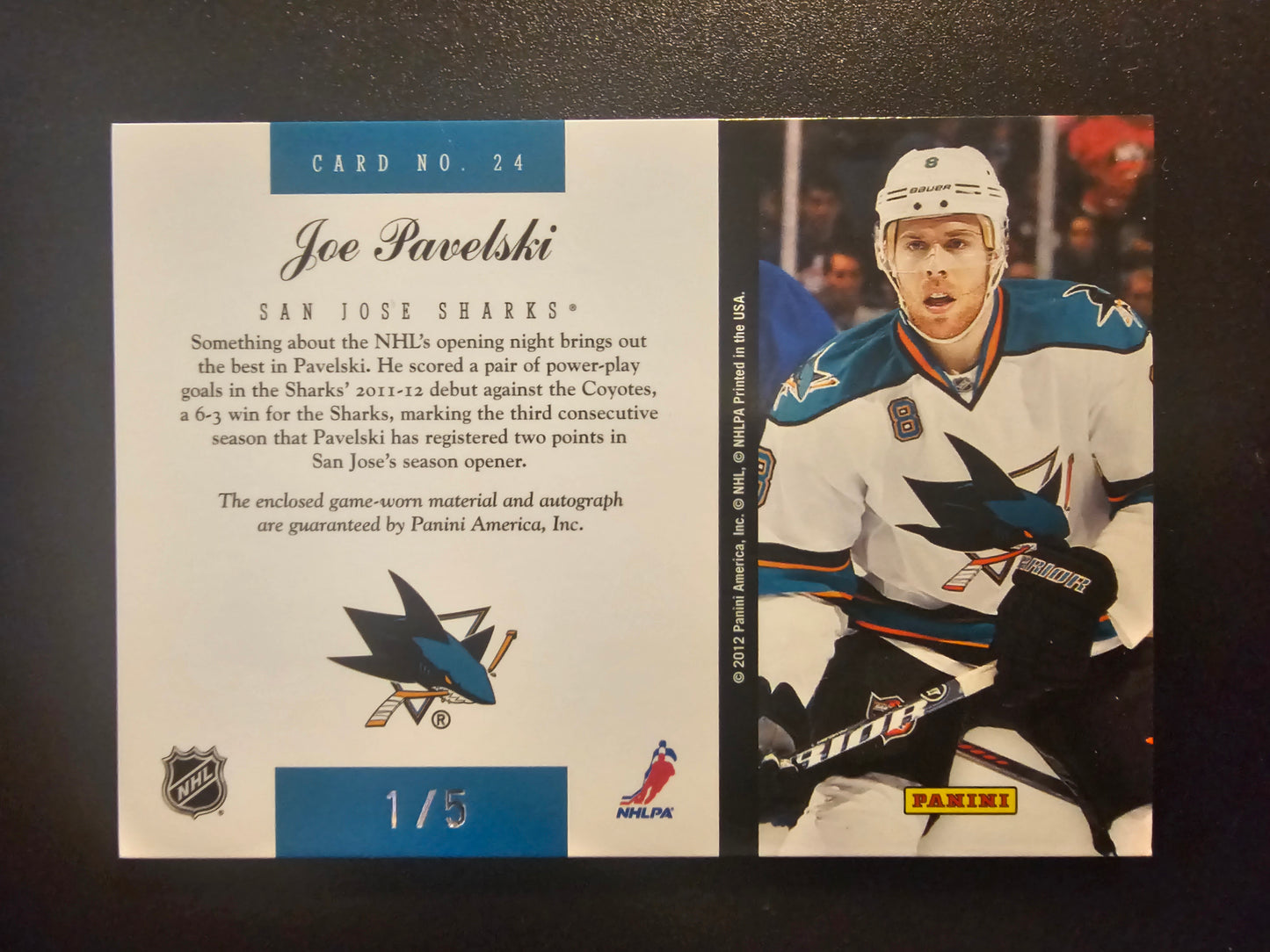 2011-12 Panini Elite - Materials - Patch Autographs - Joe Pavelski #24 /5