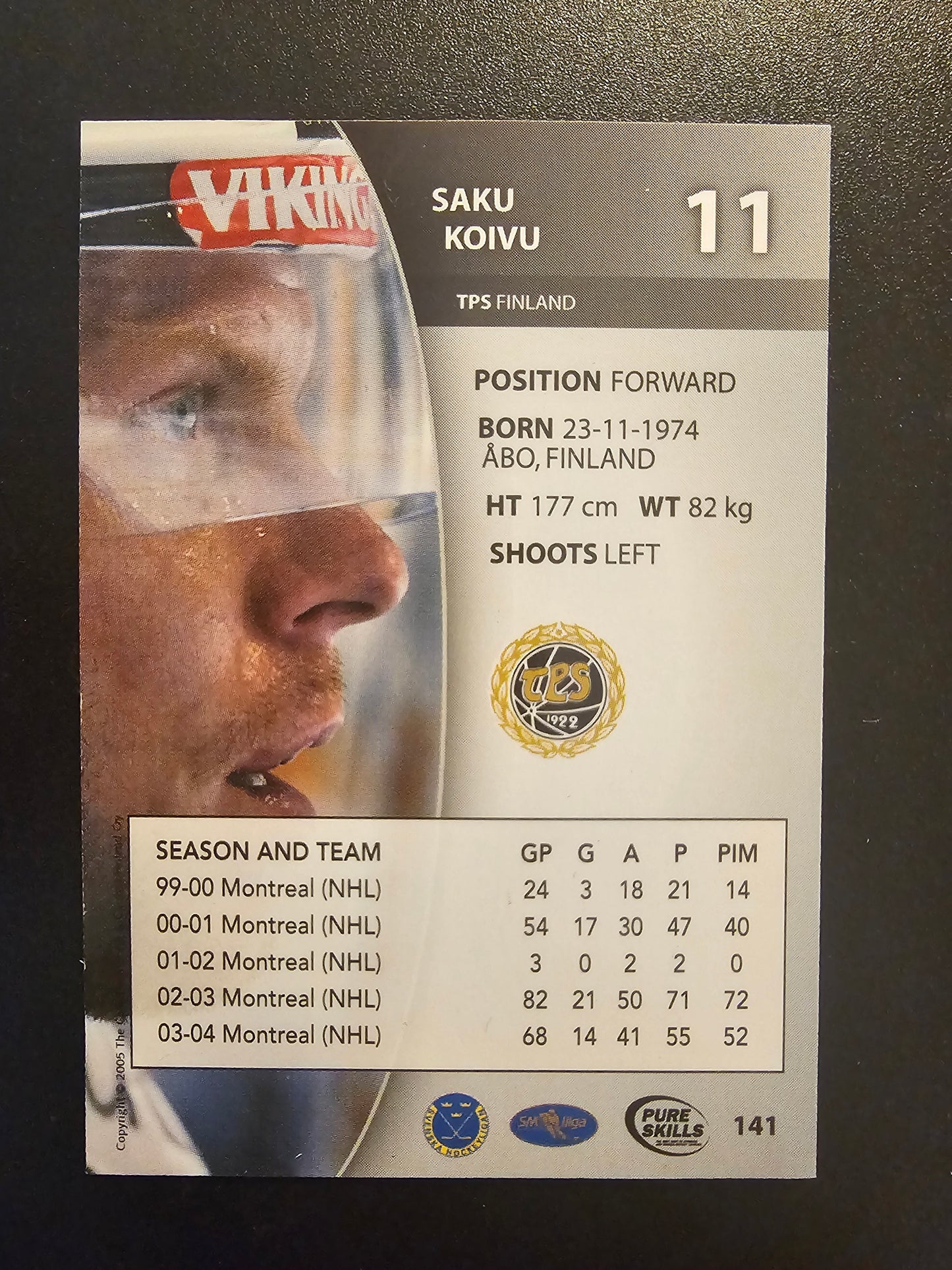 2004-05 Card Cabinet SHL Elite Pure Skills - Gold - Saku Koivu #141 /100