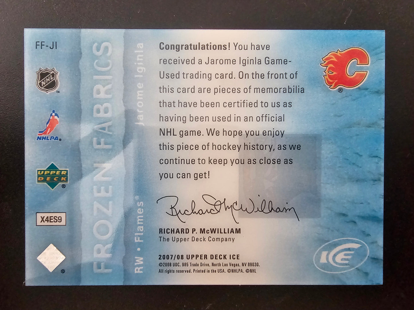 2007-08 Upper Deck Ice - Frozen Fabrics - Patch - Jarome Iginla #FF-JI /25