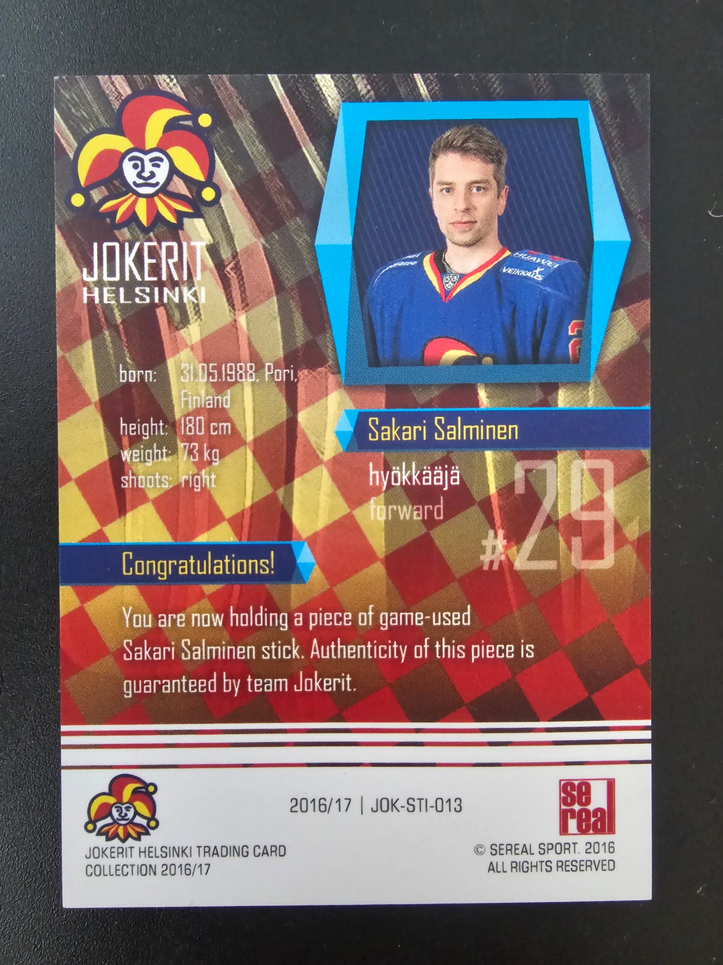 2016-17 Sereal Jokerit Stick - Sakari Salminen #JOK-STI-013 /50