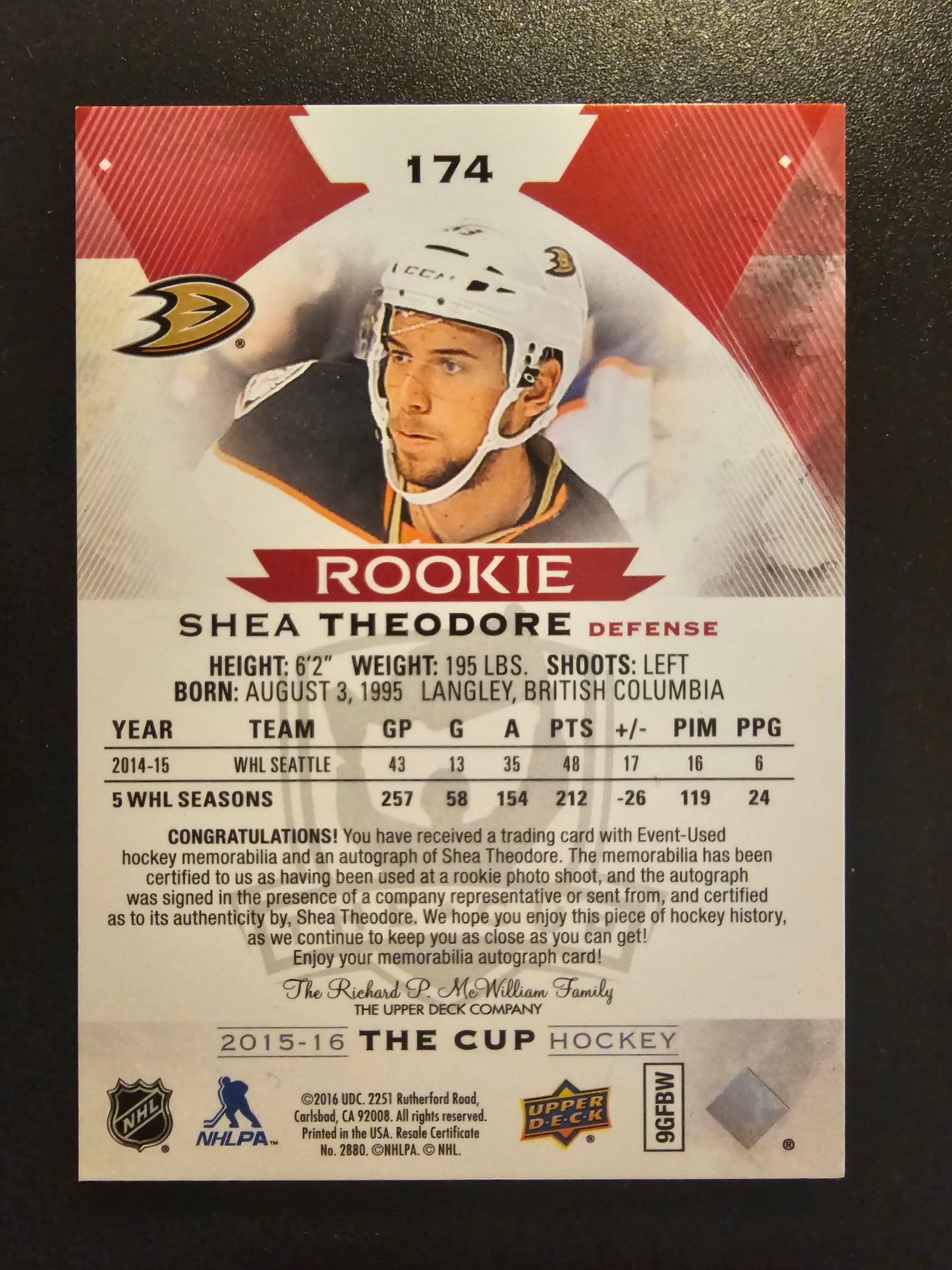 2015-16 Upper Deck The Cup - Red Foil Autographed Rookie Tag - Shea Theodore #174 RC
