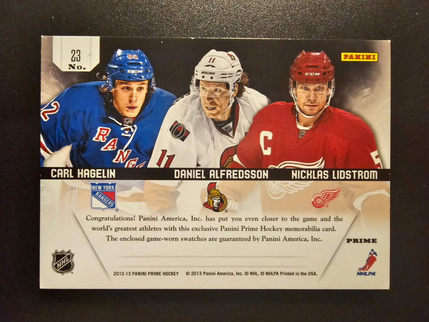 2012-13 Panini Prime - Prime Trios - Prime - Carl Hagelin / Daniel Alfredsson / Nicklas Lidstrom #23 /25