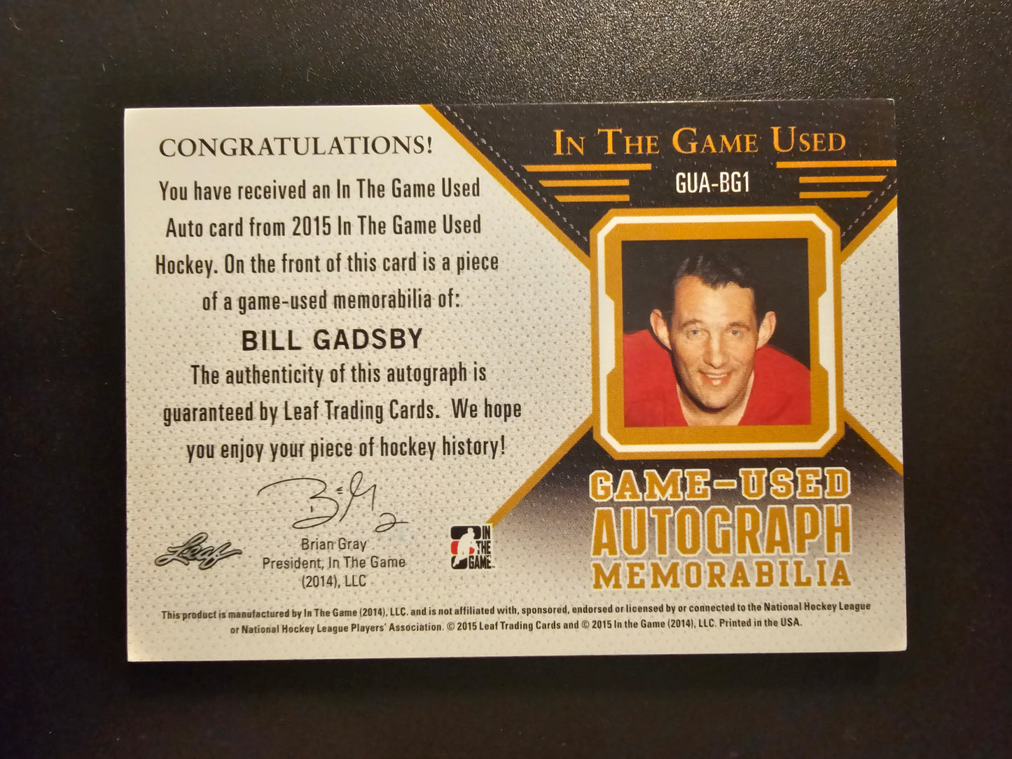 2014-15 In the Game Used - Autograph Memorabilia - Silver - Bill Gadsby #GUA-BG1 /45