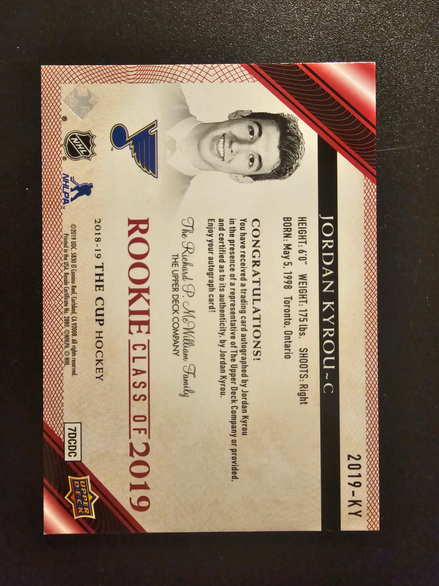 2018-19 Upper Deck The Cup - Rookie Class of 2019 - Red Foil Autographs - Jordan Kyrou #2019-KY /5 RY