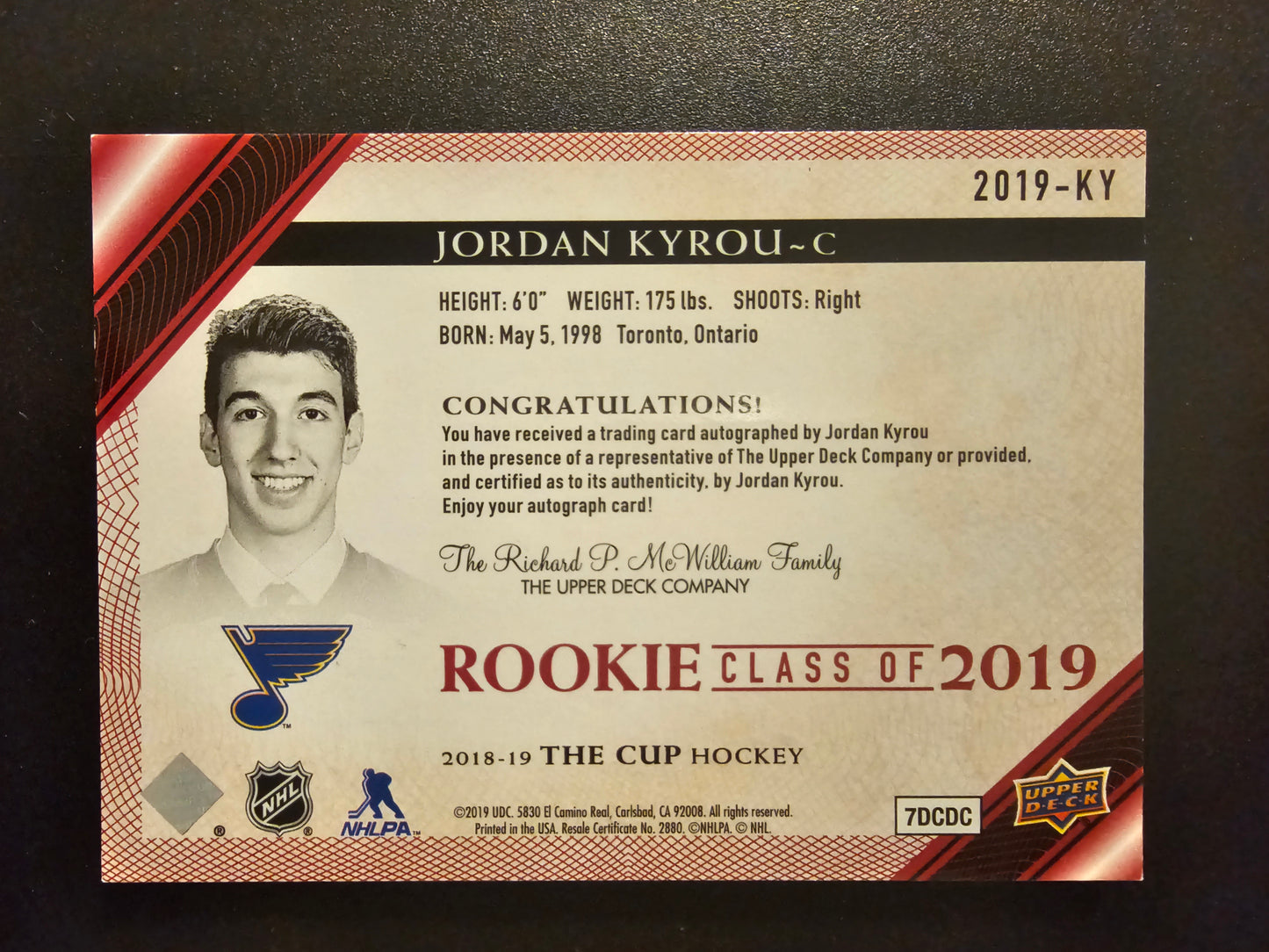 2018-19 Upper Deck The Cup - Rookie Class of 2019 - Red Foil Autographs - Jordan Kyrou #2019-KY /5 RY