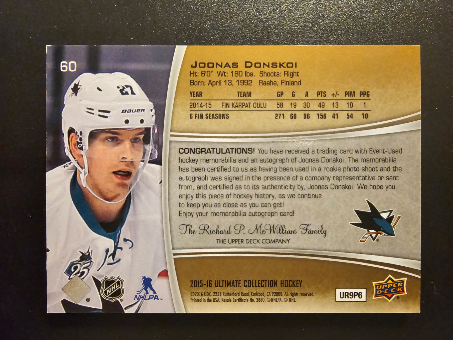 2015-16 Upper Deck Ultimate Collection - Spectrum Blue Shield Patch - Autographed Ultimate Rookies - Joonas Donskoi #60 1of1 RC