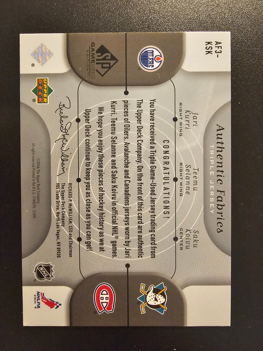 2005-06 Upper Deck SP Game Used Edition - Authentic Fabrics Triple - Jari Kurri / Teemu Selanne / Saku Koivu #AF3-KSK /25