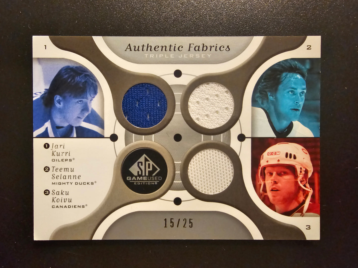 2005-06 Upper Deck SP Game Used Edition - Authentic Fabrics Triple - Jari Kurri / Teemu Selanne / Saku Koivu #AF3-KSK /25