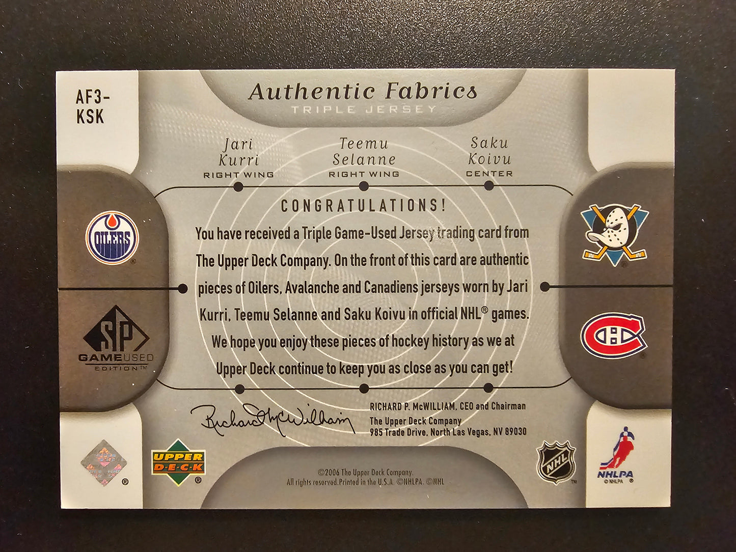 2005-06 Upper Deck SP Game Used Edition - Authentic Fabrics Triple - Jari Kurri / Teemu Selanne / Saku Koivu #AF3-KSK /25