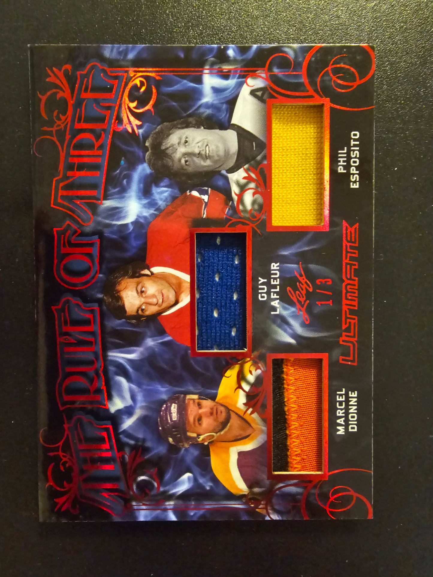 2018-19 Leaf Ultimate - The Rule of Three - Red Patch - Marcel Dionne / Guy Lafleur / Phil Esposito #TRT-07 /3
