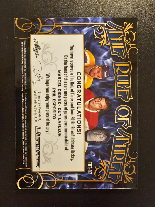 2018-19 Leaf Ultimate - The Rule of Three - Red Patch - Marcel Dionne / Guy Lafleur / Phil Esposito #TRT-07 /3