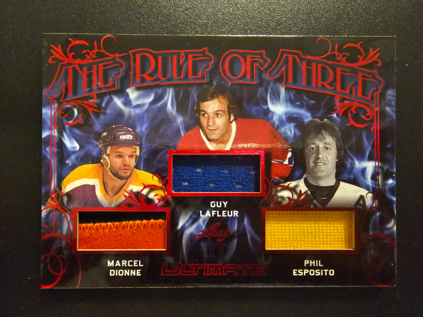 2018-19 Leaf Ultimate - The Rule of Three - Red Patch - Marcel Dionne / Guy Lafleur / Phil Esposito #TRT-07 /3